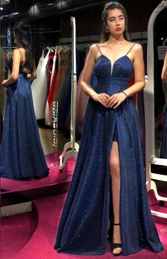 Long A-line V-neck Backless Glitter Prom Dress with Slit by BIZTUNNEL