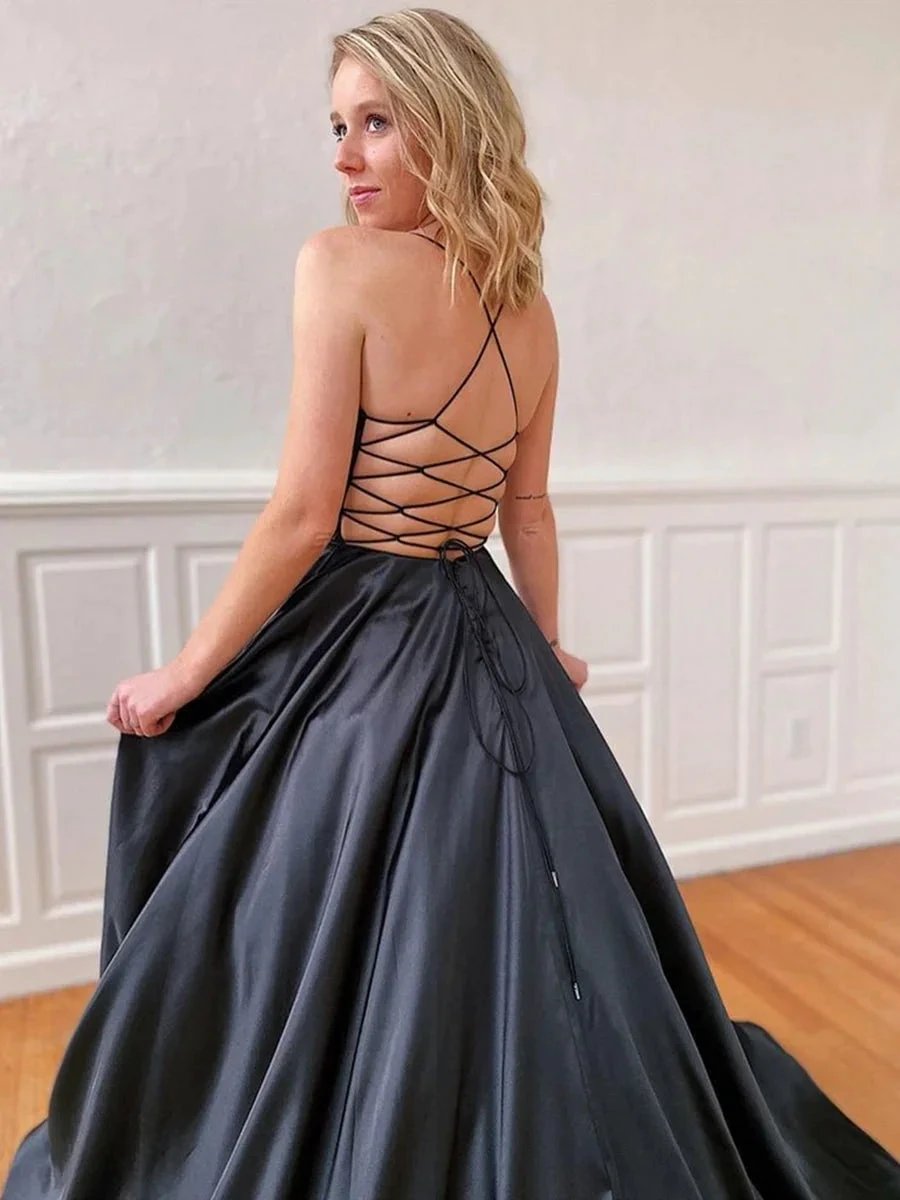 Long A-line V-neck Backless Satin Prom Dresses Black Open Back Formal Gowns by BIZTUNNEL