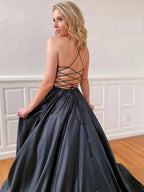 Long A-line V-neck Backless Satin Prom Dresses Black Open Back Formal Gowns by BIZTUNNEL