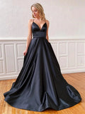 Long A-line V-neck Backless Satin Prom Dresses Black Open Back Formal Gowns by BIZTUNNEL