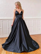 Long A-line V-neck Backless Satin Prom Dresses Black Open Back Formal Gowns by BIZTUNNEL