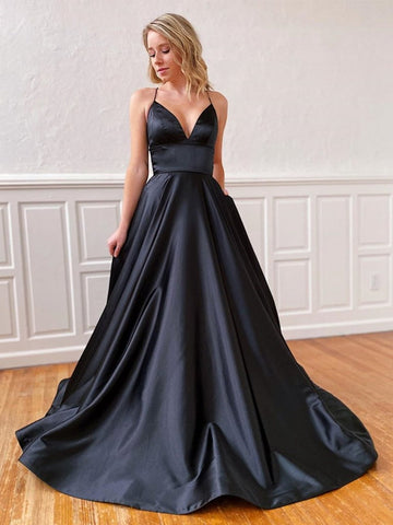 Langes rückenfreies A-Linien-Ballkleid aus Satin mit V-Ausschnitt und offenem Rücken