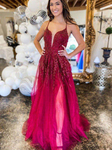 Langes, rückenfreies A-Linien-Abendkleid mit V-Ausschnitt und Tüllspitze und Schlitz