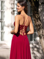 Long A-line V Neck Chiffon Backless Lace Prom Graduation Dresses with Slit by BIZTUNNEL