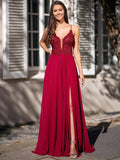Long A-line V Neck Chiffon Backless Lace Prom Graduation Dresses with Slit by BIZTUNNEL