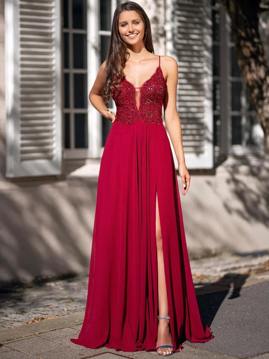 Long A-line V Neck Chiffon Backless Lace Prom Graduation Dresses with Slit by BIZTUNNEL