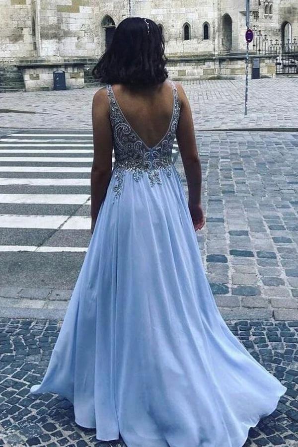 Long A-line V-neck Chiffon Beading Backless Prom Dress by BIZTUNNEL