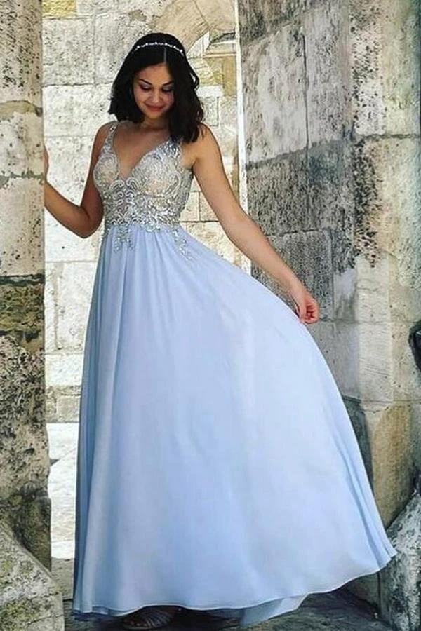 Long A-line V-neck Chiffon Beading Backless Prom Dress by BIZTUNNEL