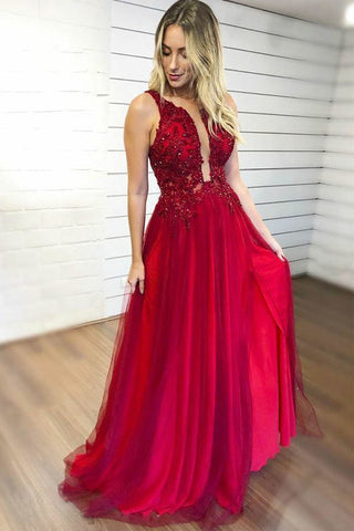 Langes A-Linien-Ballkleid mit V-Ausschnitt und Chiffon-Perlenbesatz in Rot mit Schlitz