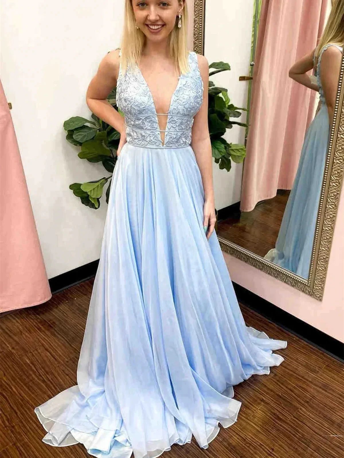 Long A Line V Neck Chiffon Lace Prom Dress Sky Blue Formal Graduation Evening Dresses by BIZTUNNEL