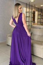 Long A-line V-neck Chiffon Prom Dress Purple Backless Formal Evening Dresses by BIZTUNNEL