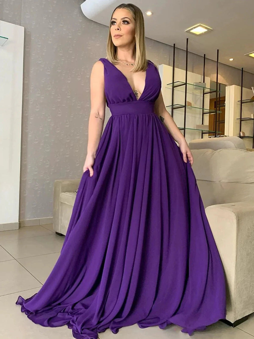Long A-line V-neck Chiffon Prom Dress Purple Backless Formal Evening Dresses by BIZTUNNEL
