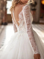 Long A-Line V Neck Court Train Lace Tulle Backless Wedding Dresses with Sleeves by BIZTUNNEL