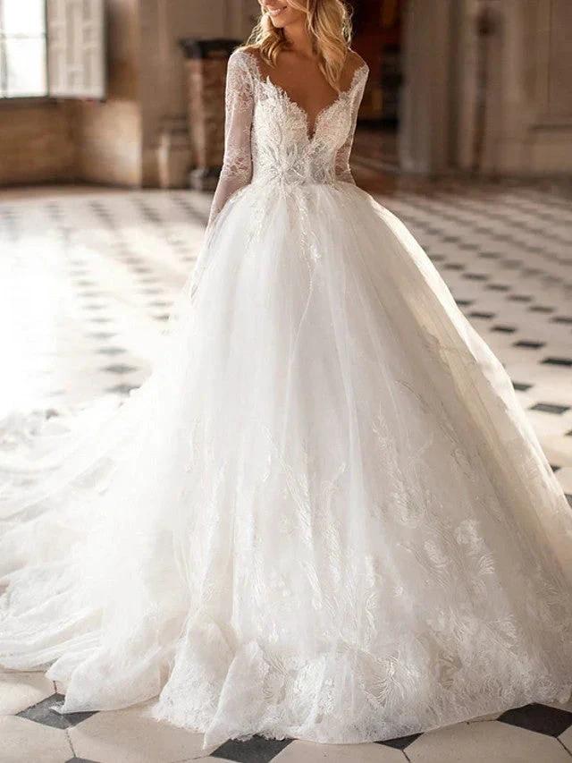 Long A-Line V Neck Court Train Lace Tulle Backless Wedding Dresses with Sleeves by BIZTUNNEL