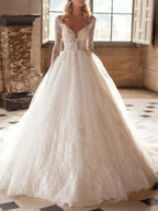 Long A-Line V Neck Court Train Lace Tulle Backless Wedding Dresses with Sleeves by BIZTUNNEL