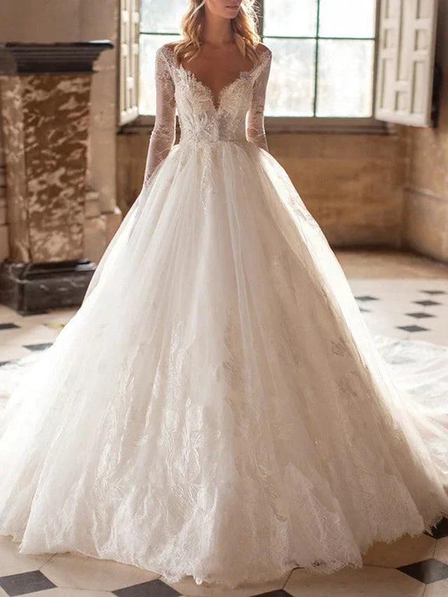 Long A-Line V Neck Court Train Lace Tulle Backless Wedding Dresses with Sleeves by BIZTUNNEL