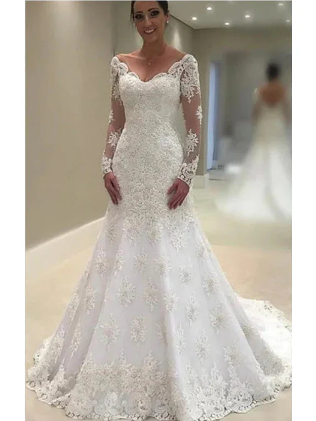 Long A-Line V Neck Court Train Lace Tulle Wedding Dresses with Sleeves by BIZTUNNEL