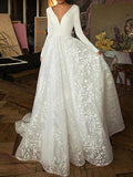 Long A-Line V-Neck Covered Button Satin Lace Wedding Dresses with Sleeves by BIZTUNNEL