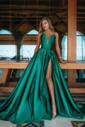 Long A-line V-neck Emerald Green Prom Dress With Slit by BIZTUNNEL