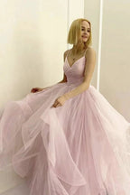Long A-line V Neck Fluffy Tulle Prom Dresses Pink Formal Evening Gowns by BIZTUNNEL