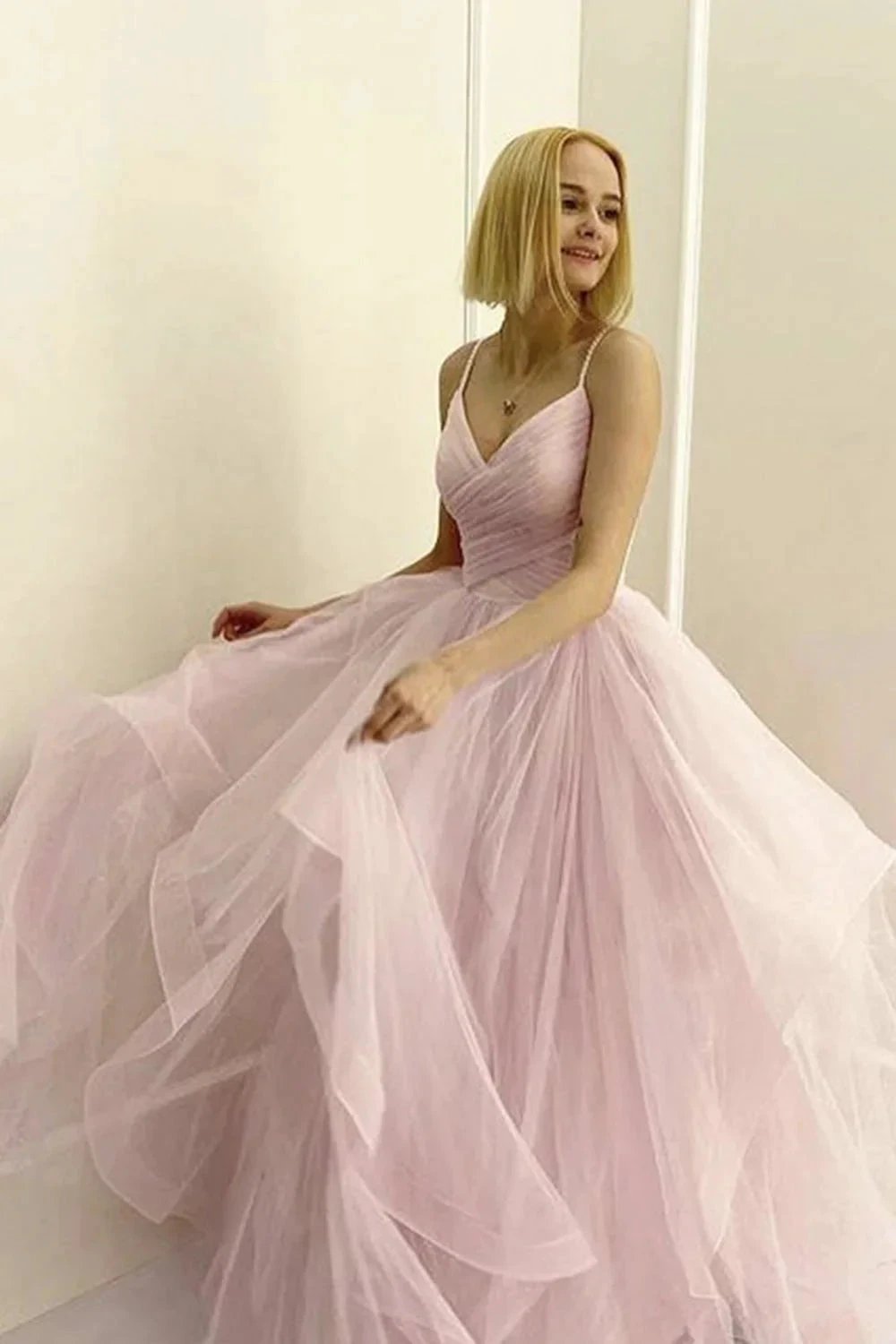 Long A-line V Neck Fluffy Tulle Prom Dresses Pink Formal Evening Gowns by BIZTUNNEL