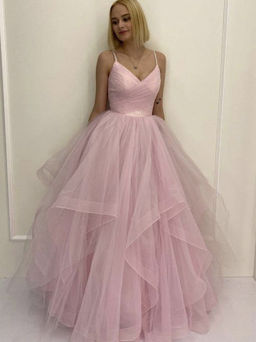 Vestidos de fiesta largos de tul esponjoso con escote en V y corte A en rosa.