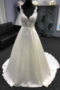 Long A-Line V Neck Halter Satin Wedding Dress by BIZTUNNEL