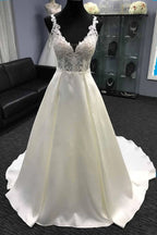 Long A-Line V Neck Halter Satin Wedding Dress by BIZTUNNEL