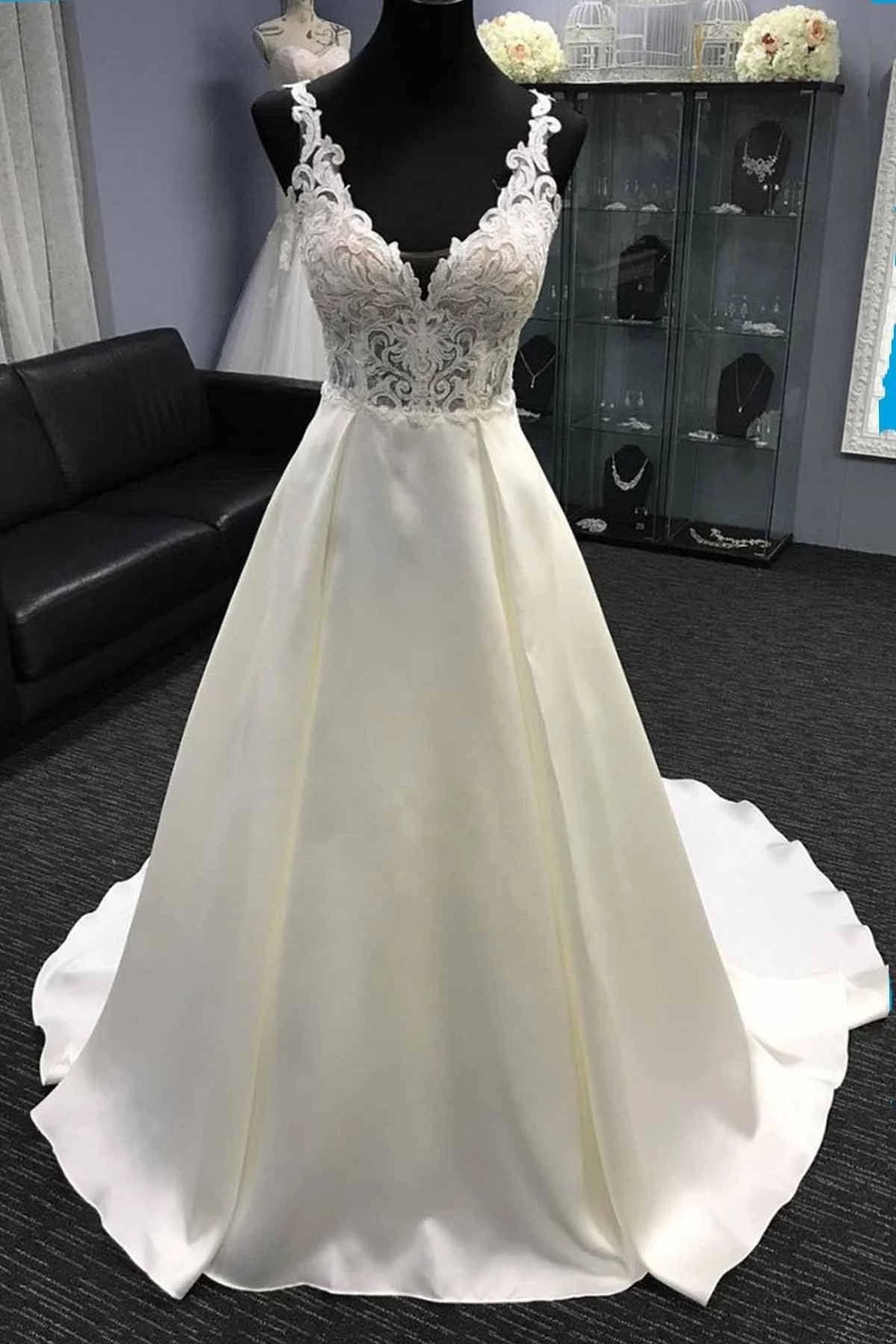 Long A-Line V Neck Halter Satin Wedding Dress by BIZTUNNEL