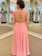 Long A-line V-neck Lace Chiffon Prom Dress with Slit Pink Formal Graduation Evening Dresses by BIZTUNNEL