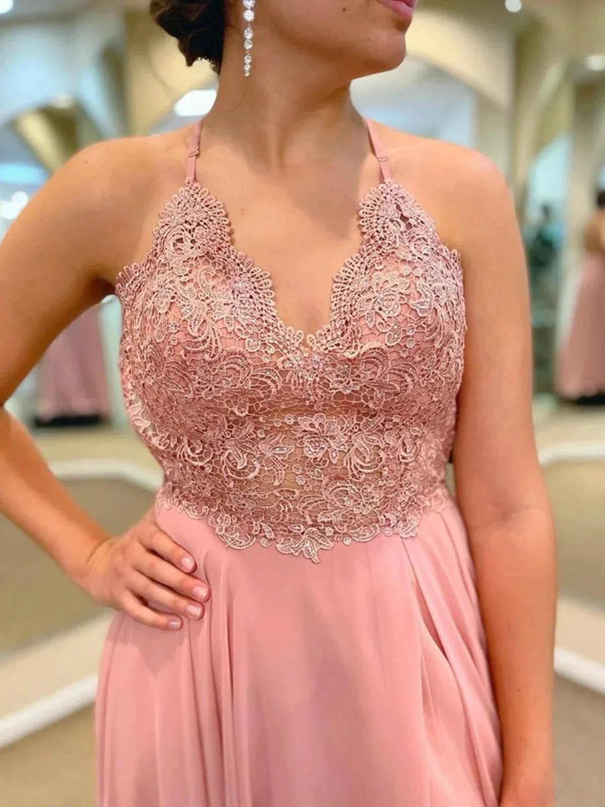 Long A-line V-neck Lace Chiffon Prom Dress with Slit Pink Formal Graduation Evening Dresses by BIZTUNNEL