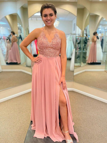 Long A-line V-neck Lace Chiffon Prom Dress with Slit Pink Formal Graduation Evening Dresses