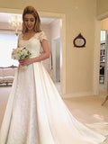 Long A-Line V-Neck Lace Satin Wedding Dresses with Sleeves by BIZTUNNEL