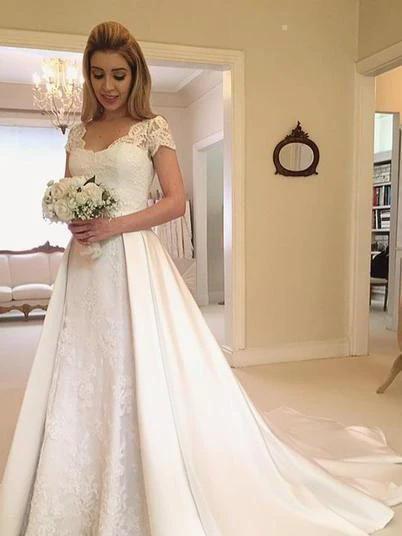 Long A-Line V-Neck Lace Satin Wedding Dresses with Sleeves by BIZTUNNEL