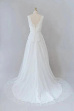 Long A-line V-neck Lace Tulle Backless Wedding Dress by BIZTUNNEL