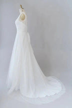 Long A-line V-neck Lace Tulle Backless Wedding Dress by BIZTUNNEL