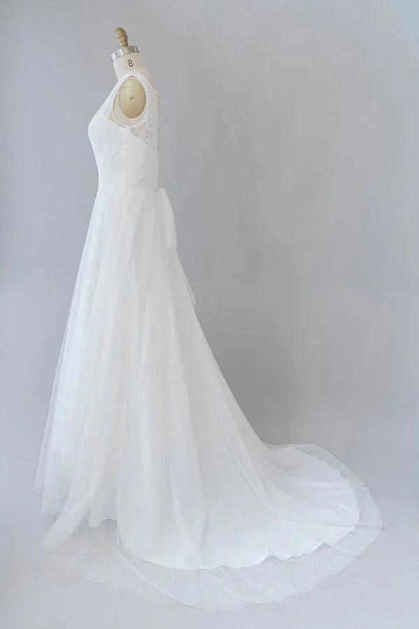 Long A-line V-neck Lace Tulle Backless Wedding Dress by BIZTUNNEL