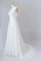 Long A-line V-neck Lace Tulle Backless Wedding Dress by BIZTUNNEL