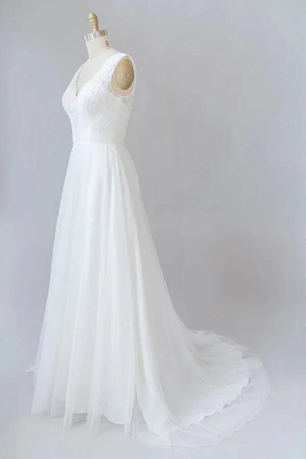 Long A-line V-neck Lace Tulle Backless Wedding Dress by BIZTUNNEL