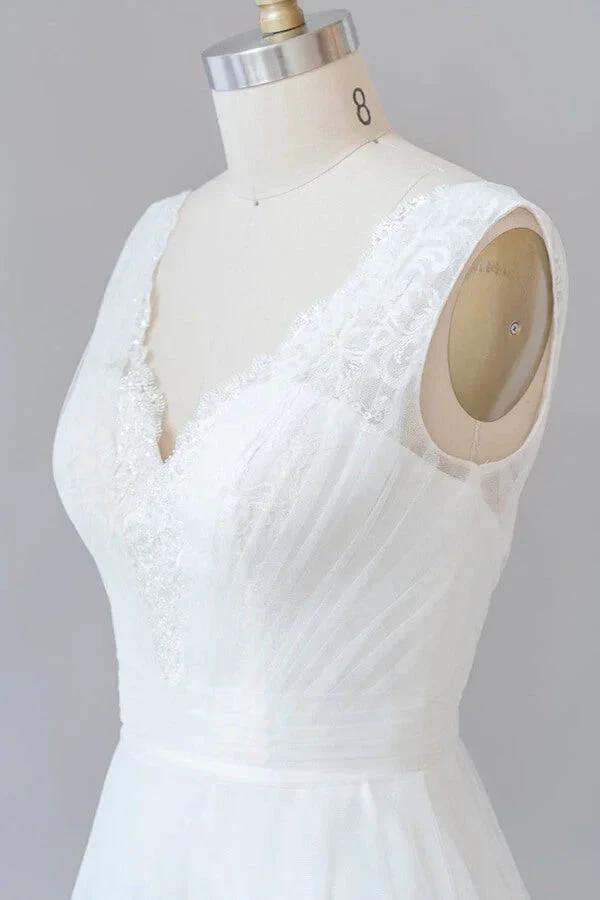 Long A-line V-neck Lace Tulle Backless Wedding Dress by BIZTUNNEL