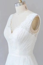 Long A-line V-neck Lace Tulle Backless Wedding Dress by BIZTUNNEL