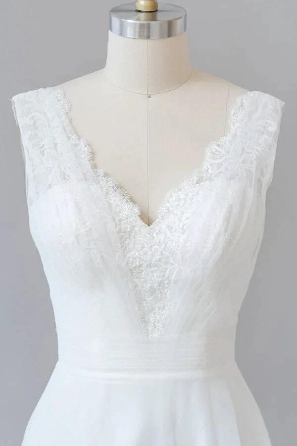 Long A-line V-neck Lace Tulle Backless Wedding Dress by BIZTUNNEL