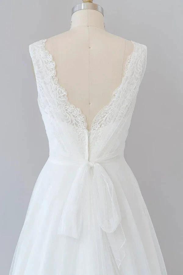 Long A-line V-neck Lace Tulle Backless Wedding Dress by BIZTUNNEL