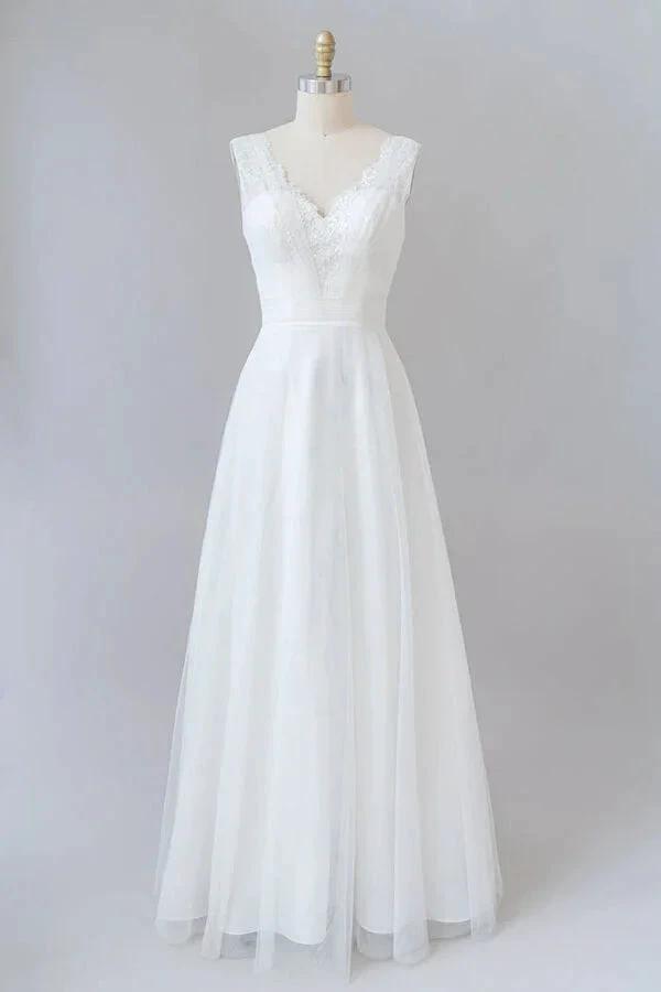 Long A-line V-neck Lace Tulle Backless Wedding Dress by BIZTUNNEL
