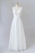 Long A-line V-neck Lace Tulle Backless Wedding Dress by BIZTUNNEL