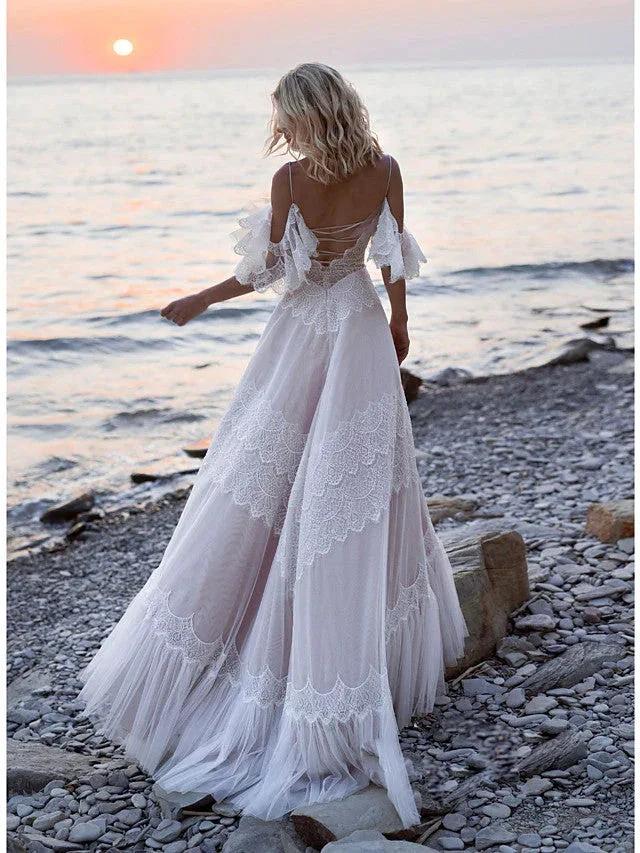 Long A-Line V Neck Lace Tulle Backless Wedding Dresses with Sleeves by BIZTUNNEL