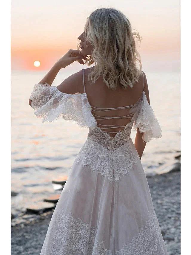 Long A-Line V Neck Lace Tulle Backless Wedding Dresses with Sleeves by BIZTUNNEL