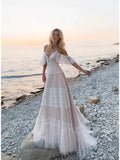 Long A-Line V Neck Lace Tulle Backless Wedding Dresses with Sleeves by BIZTUNNEL