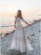 Long A-Line V Neck Lace Tulle Backless Wedding Dresses with Sleeves by BIZTUNNEL