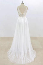 Long A-line V-neck Lace Tulle Open Back Wedding Dress by BIZTUNNEL
